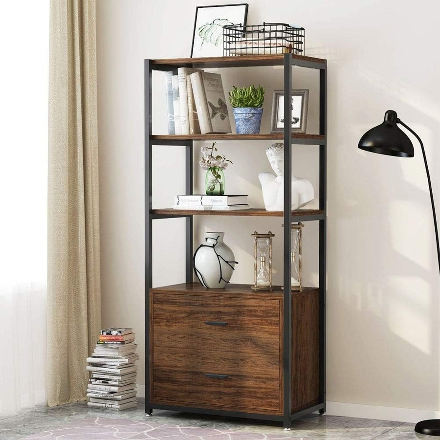Bookcase, 4-Tier Bookshelf with 2 Drawers, Etagere Standard Book Shelves Display Shelf Image 1