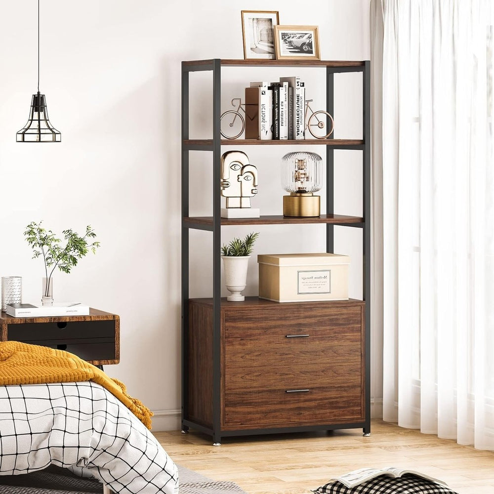 Bookcase, 4-Tier Bookshelf with 2 Drawers, Etagere Standard Book Shelves Display Shelf Image 2