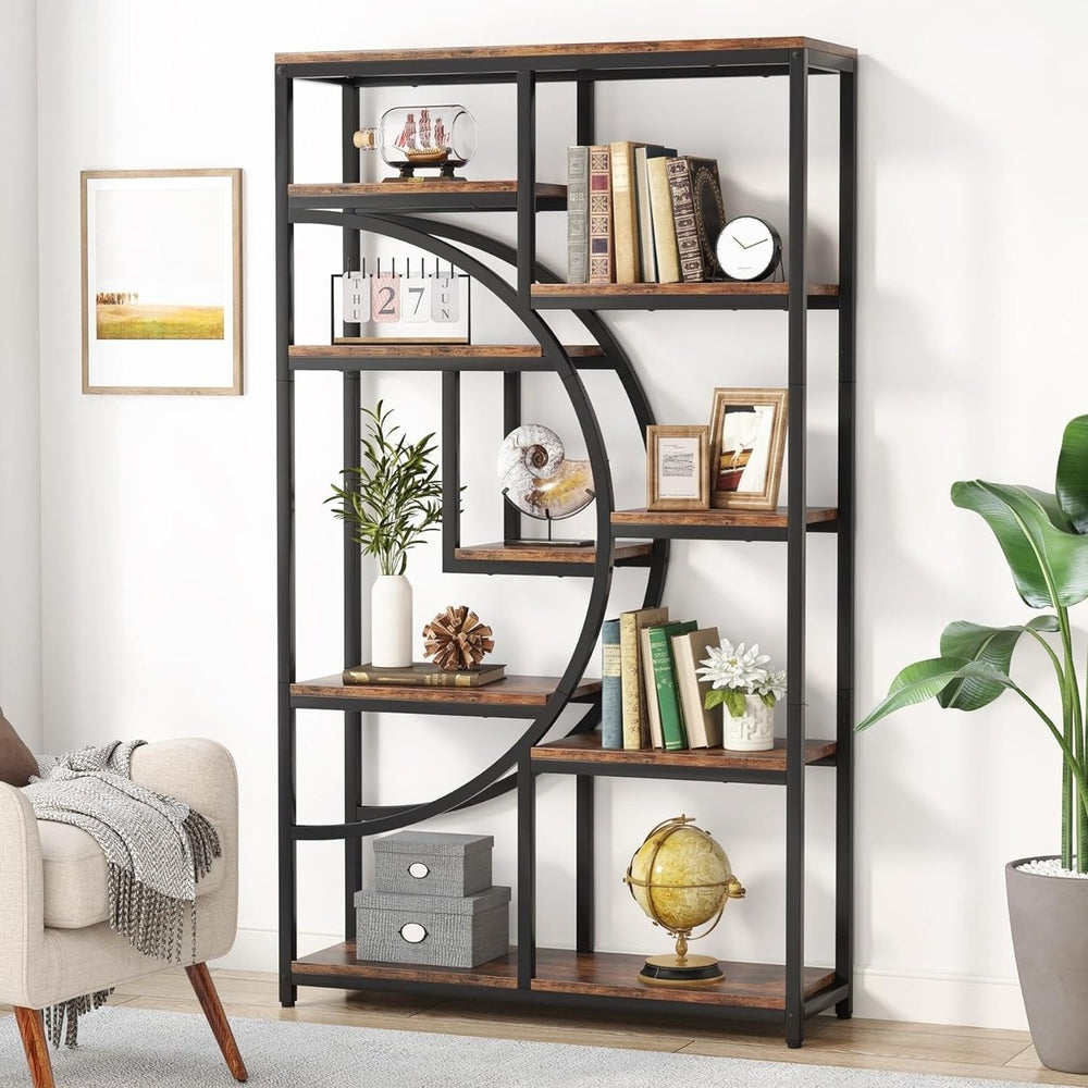Industrial 5 Tier Etagere Bookcase, Freestanding Tall Bookshelves Display Shelf Storage Organizer with 9-Open Storage Image 2