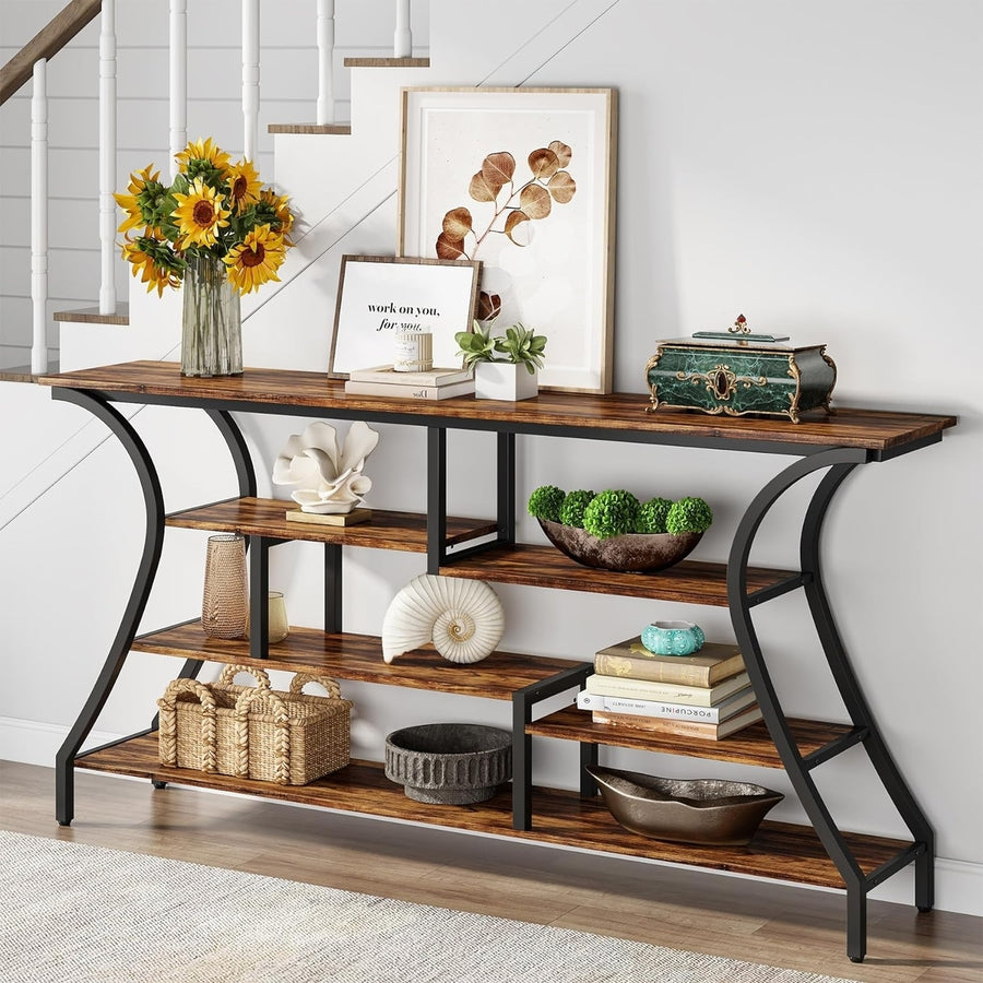 70.9" Extra Long Console Table, Industrial Narrow Sofa Table with Storage Shelves, 4 Tier Entryway Table Behind Couch Image 1
