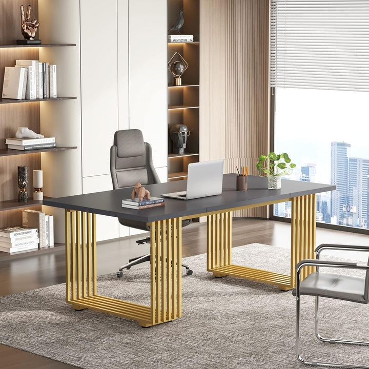 70.9" Modern Executive Desk, Wood Office Desk, Grey Simple Computer Desk with Gold Metal Legs, Large Workstation Image 3