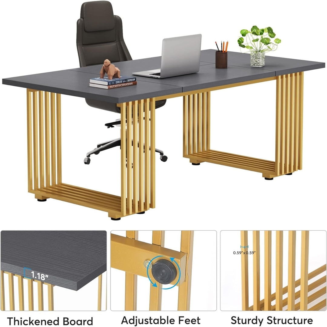70.9" Modern Executive Desk, Wood Office Desk, Grey Simple Computer Desk with Gold Metal Legs, Large Workstation Image 5