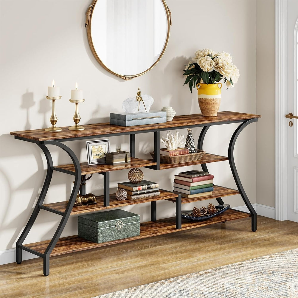 70.9" Extra Long Console Table, Industrial Narrow Sofa Table with Storage Shelves, 4 Tier Entryway Table Behind Couch Image 2