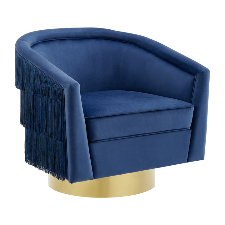 Iconic Home Elyana Swivel Accent Chair Cozy Plush Velvet Upholstered Loose Seat Design Tiered Tassel Fringes Gold Tone Image 3