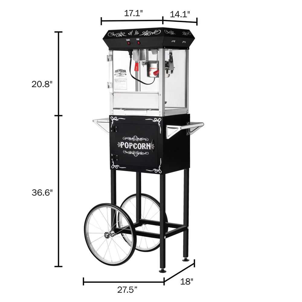 Popcorn Machine with Cart 6oz Popper, Stainless Kettle, Warming Tray, Black Image 2