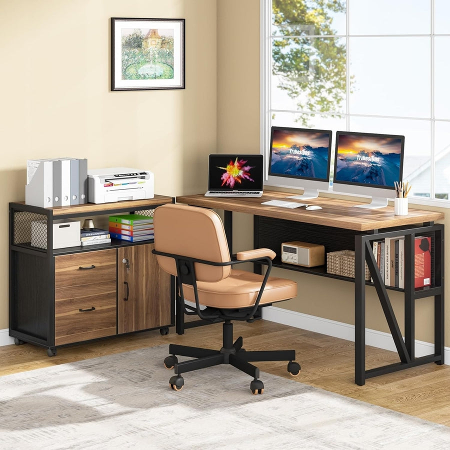 Tribesigns Office Desk with Drawers, 55" L Shaped Computer Desk with Storage Shelves and Mobile File Cabinet Image 1