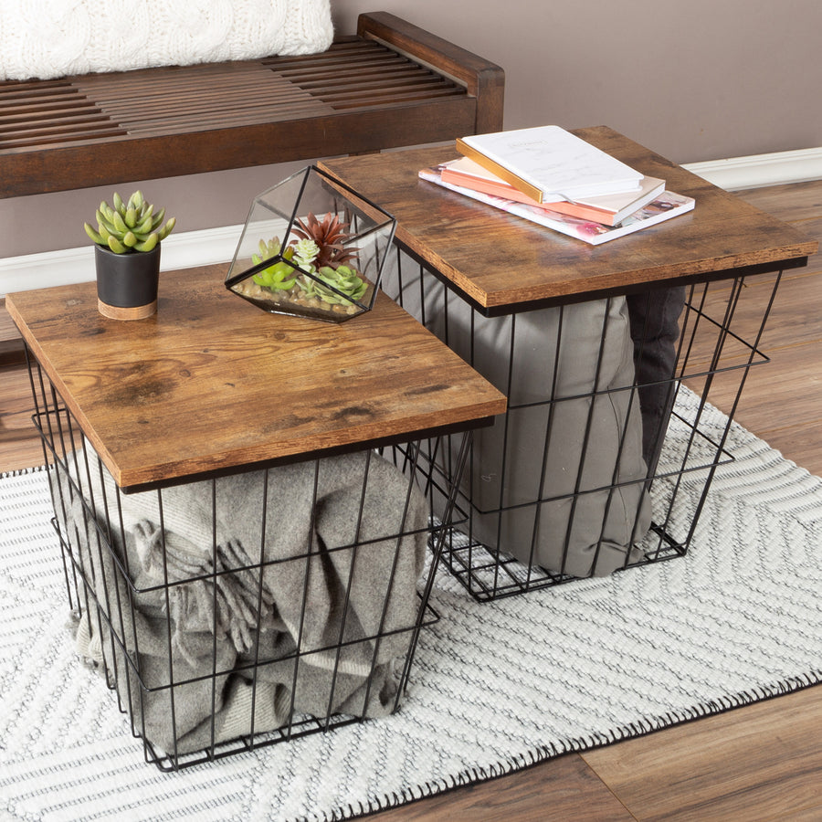 End Table with Storage 2 Nesting Tables Square Wire Basket Base and Wood Tops Image 1