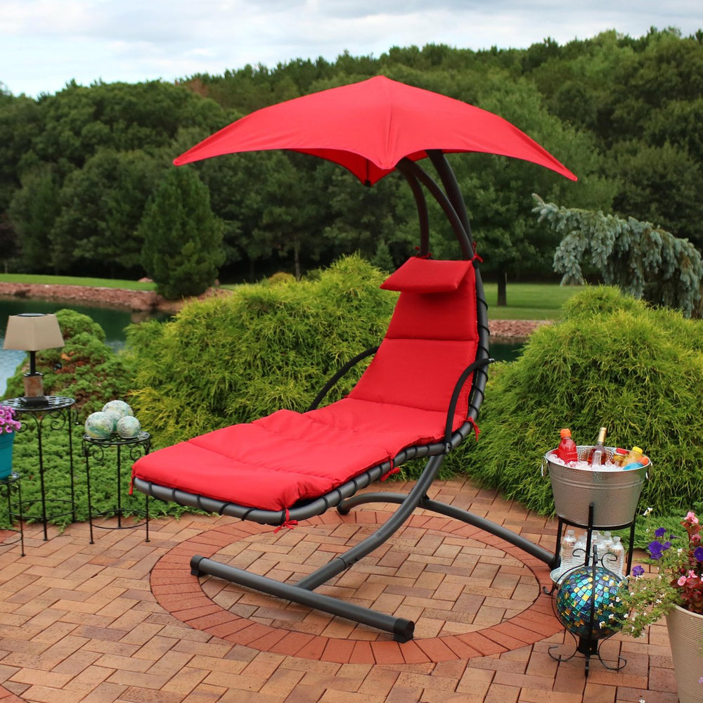 Sunnydaze Floating Lounge Chair with Canopy/Arc Stand - Red - Set of 2 Image 2