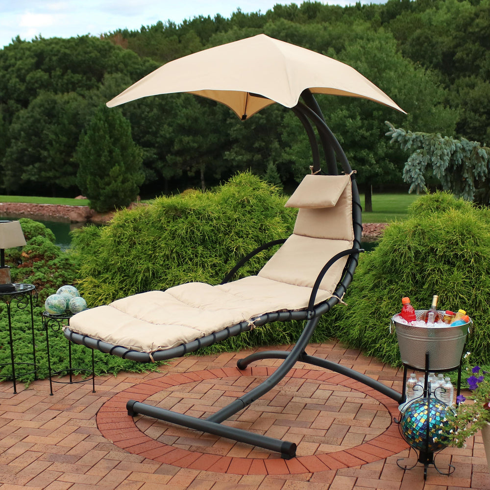 Sunnydaze Floating Lounge Chair with Canopy/Arc Stand - Beige - Set of 2 Image 2