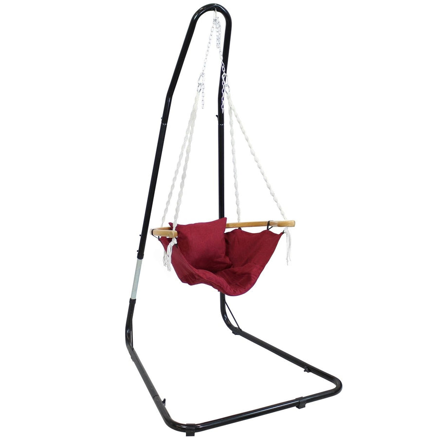 Sunnydaze Fabric Hammock Chair with Wood Armrest and Steel Stand - Red Image 1