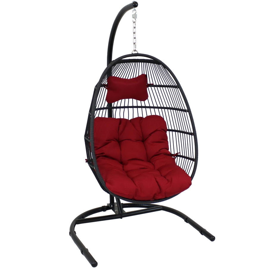 Sunnydaze Resin Wicker Hanging Egg Chair with Steel Stand/Cushions - Red Image 1