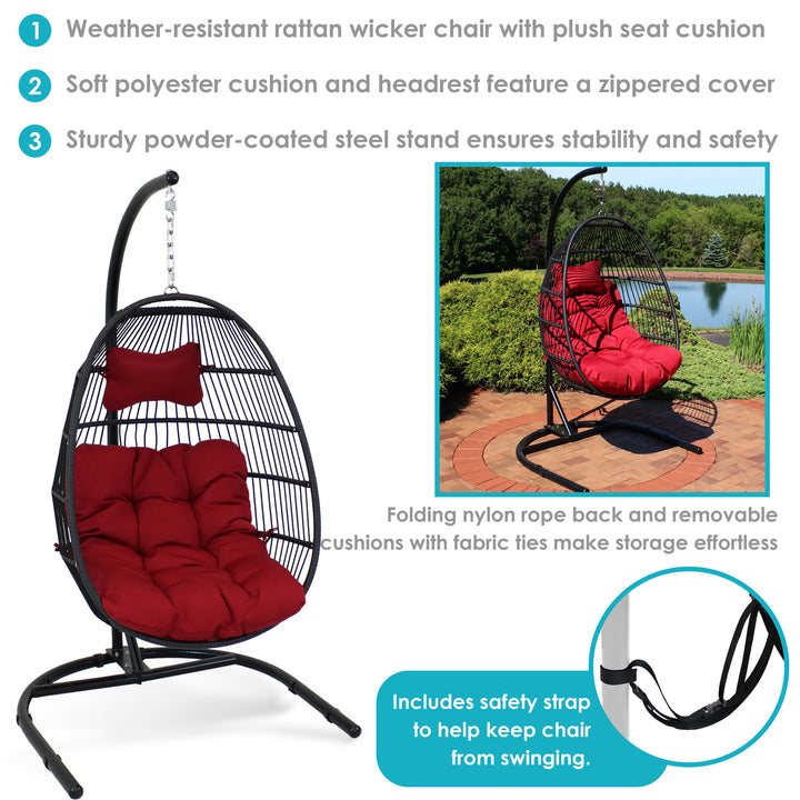 Sunnydaze Resin Wicker Hanging Egg Chair with Steel Stand/Cushions - Red Image 4