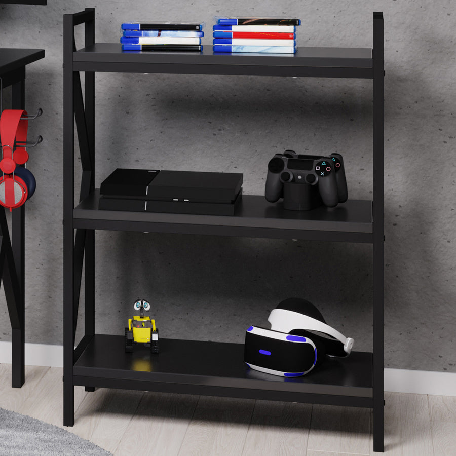 3-Shelf Bookcase Console Table with Carbon Fiber Finish and K-Shaped Legs, Black Image 1