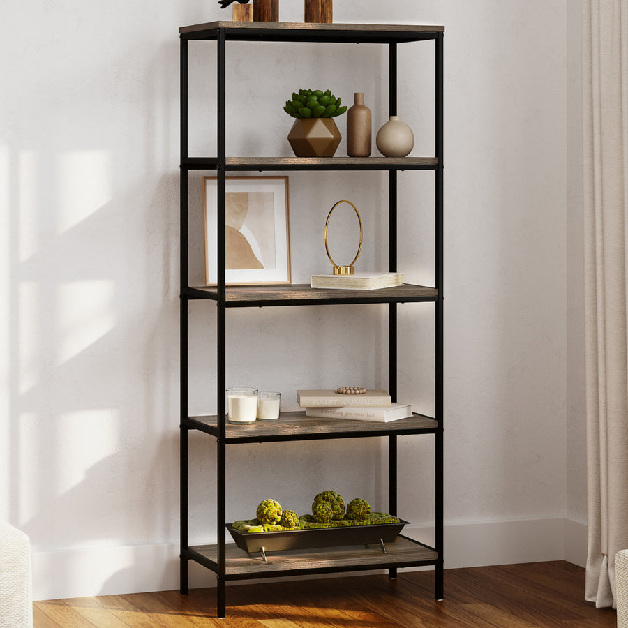 5-Tier Bookshelf Wooden Shelving Unit for Storage and Display, Gray Woodgrain Image 1