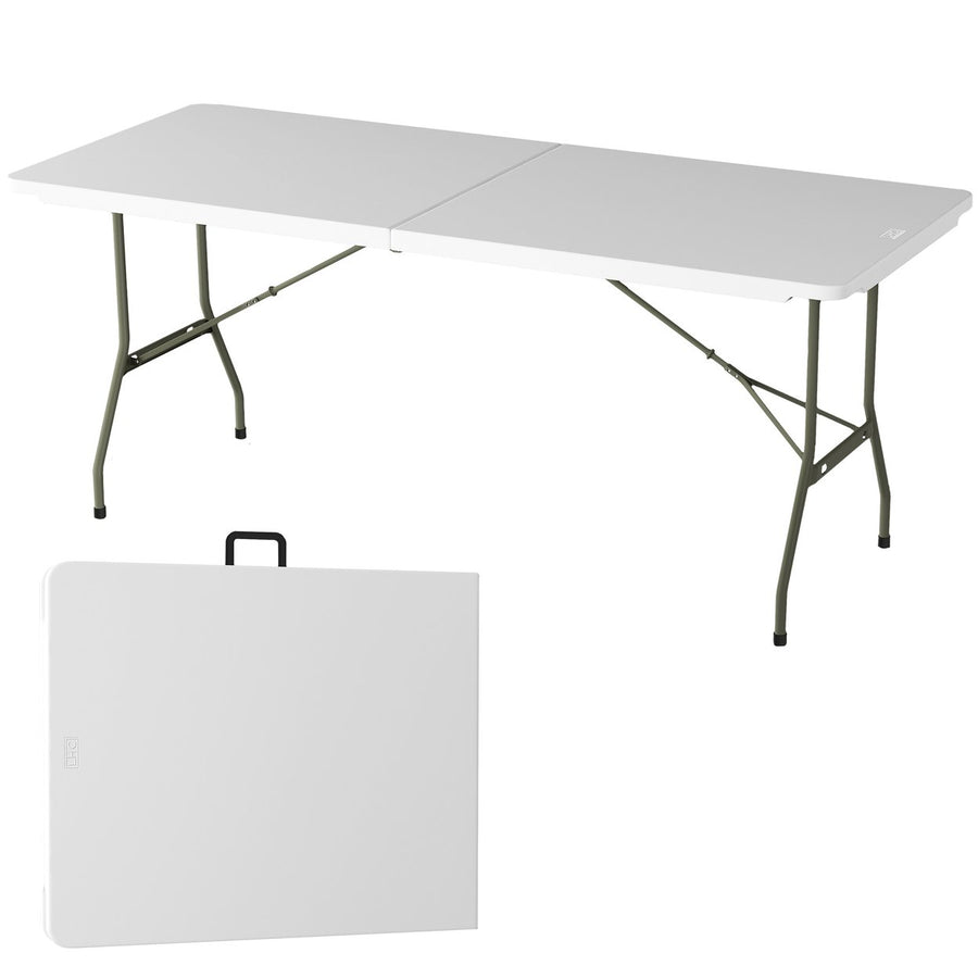Folding Utility Table 6 Foot Plastic Tabletop Folds in Half for Easy Storage Image 1