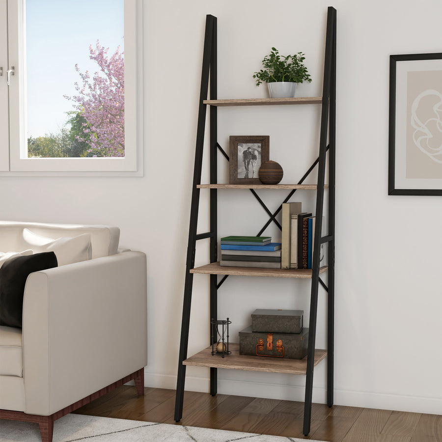 Ladder 4 Tier Leaning Decorative Shelves for Display Black Gray Shelf Stand Image 1
