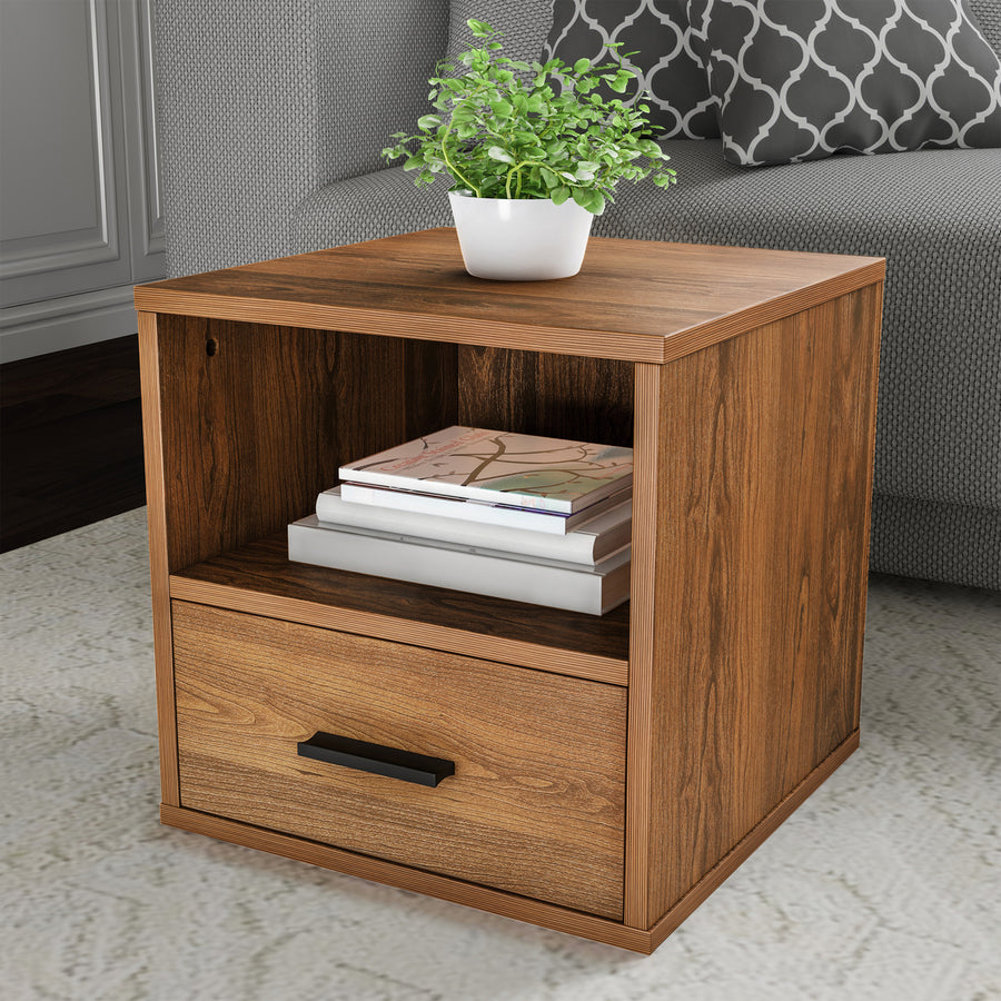 Brown End Table Cube Accent Table 16 Inches with Drawer Bedroom Livingroom Image 1