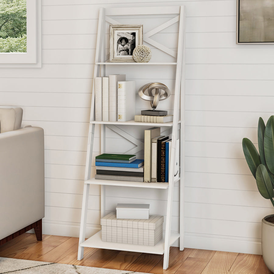 White 4 Shelf Ladder Bookshelf - Free Standing Tiered Bookcase Image 1