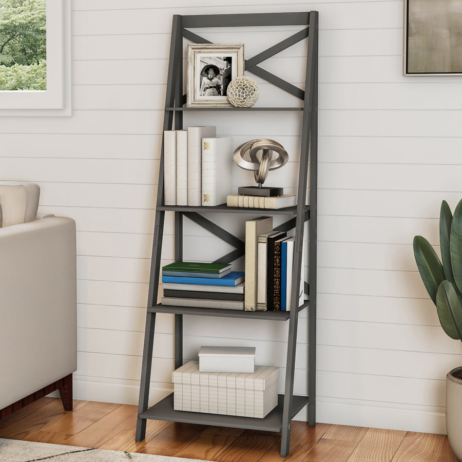 Bookcase  Display 4 Shelf Wooden Ladder Style 56 In Tall Gray Image 1