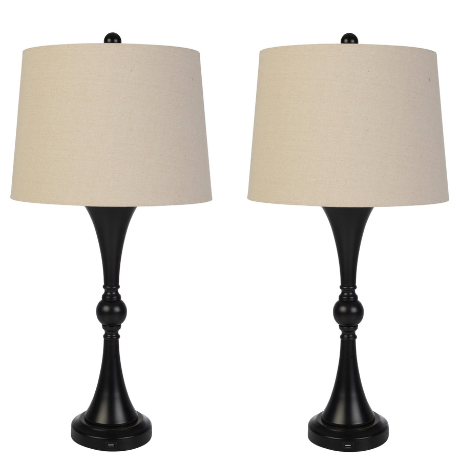 Set of 2 Table Lamps USB Charging Ports Touch Control LED Bulbs Room Black Image 1