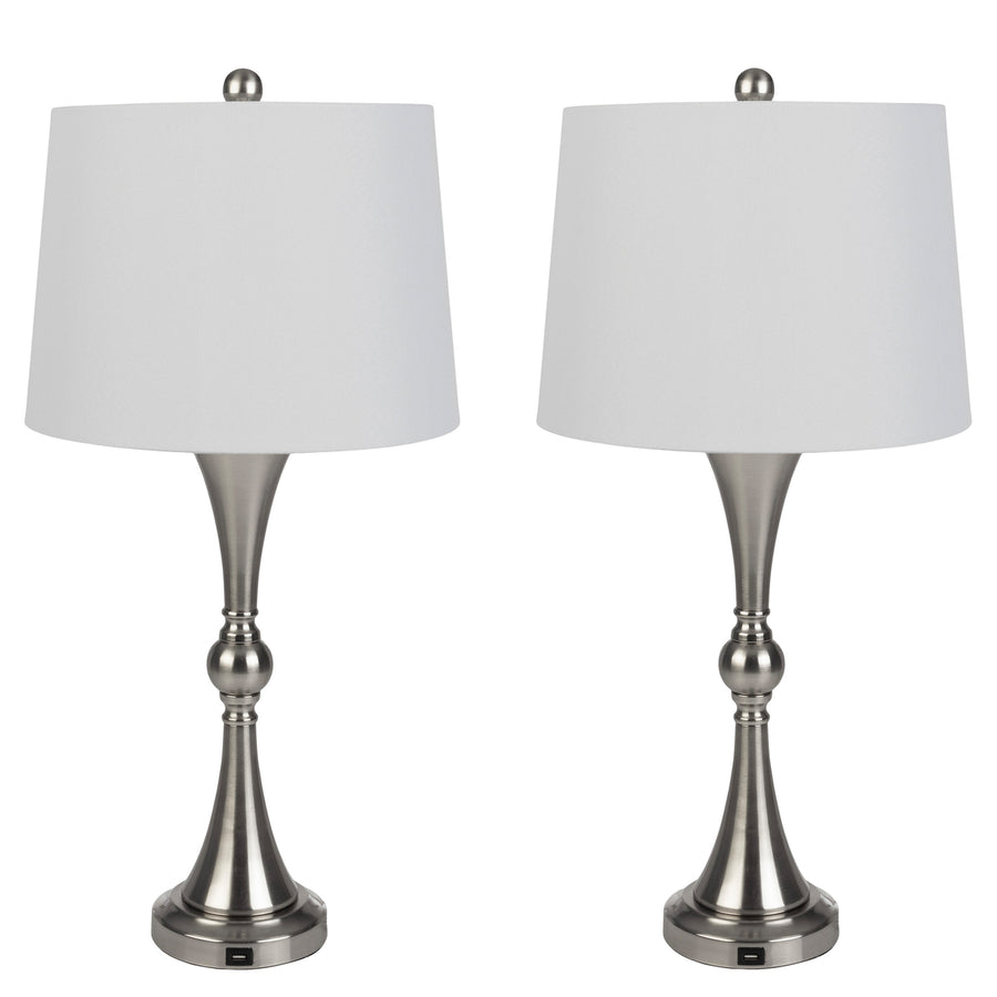 Set of 2 Table Lamps USB Charging Ports Touch Control LED Bulbs Room Silver Image 1