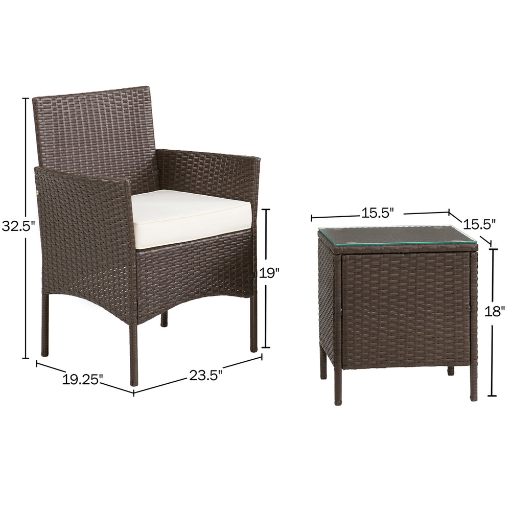 Patio Furniture Set 3pc Outdoor Rattan Seating 2 Cushioned Chairs Table, Brown Image 2