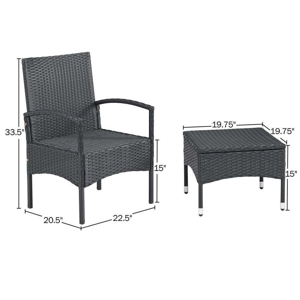 Outdoor Patio Furniture Set 3pc Rattan Seating Combo 2 Chairs and Table, Black Image 2