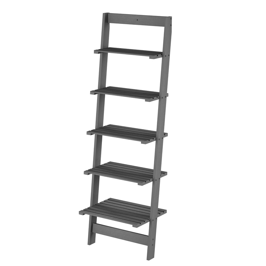 Skinny Ladder Bookshelf - 5-Tier Shelving Unit - Whitewash Wood Image 1