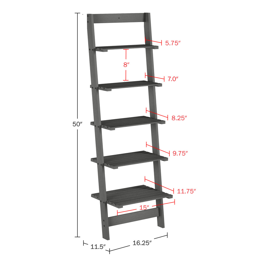 Skinny Ladder Bookshelf - 5-Tier Shelving Unit - Whitewash Wood Image 2