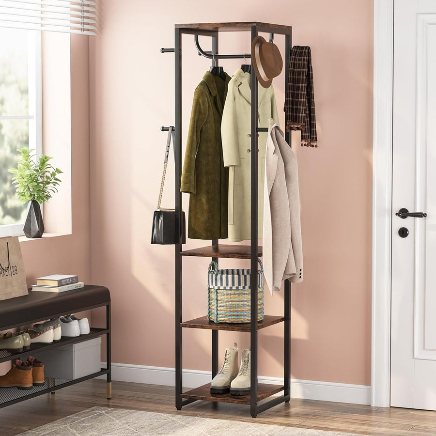 Tribesigns Coat Rack Freestanding with Shelves, Industrial Hall Tree with 4 Shelves and 8 Hooks Image 1