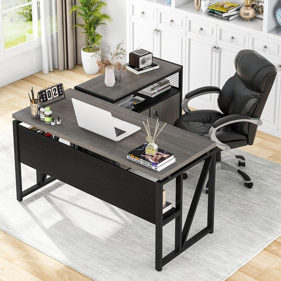 Tribesigns Office Desk with Cabinet Drawers, 55" Executive Desk,L Shaped Computer Desk with Storage Shelves and Mobile Image 1