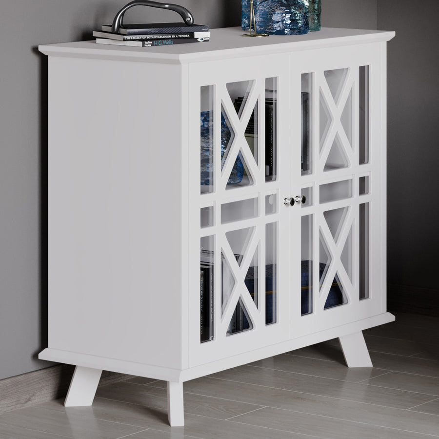 Buffet Cabinet with X-Pattern Doors Entryway Table with Glass Display Cabinet, White Image 1