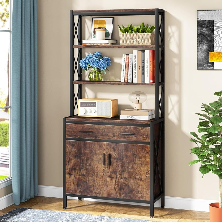 Tribesigns Bookshelf with Drawer, 4-Tier Bookcase with Doors, Tall Industrial Etagere Book Shelves Storage Cabinet Image 1
