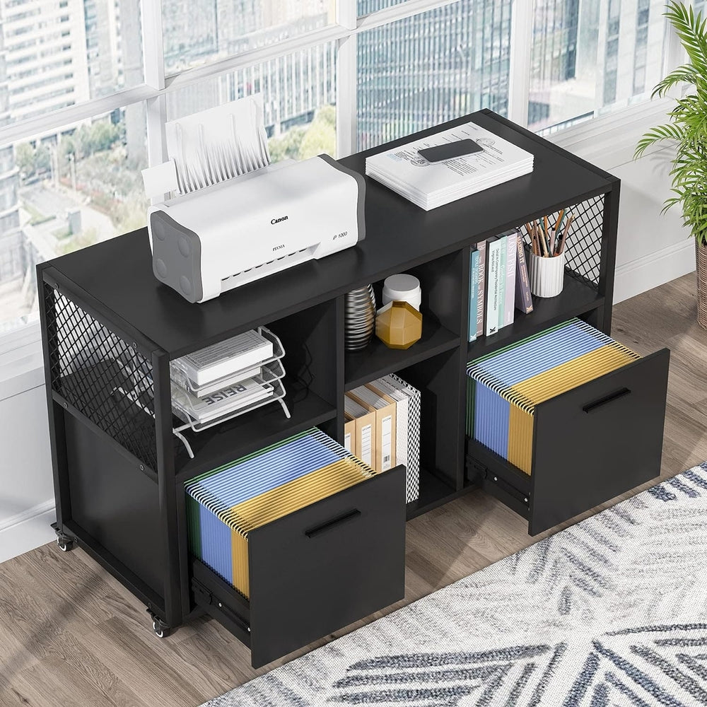 Tribesigns 2 Drawer Wood File Cabinets, Modern Mobile Lateral Filing Cabinet with Open Storage Shelves and Drawer Image 2