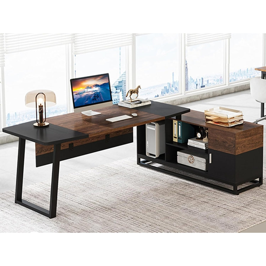 Tribesigns L Shaped Computer Desk with Cabinet, Large Executive Office Desk with Storage Shelves, 67" Modern Business Image 1