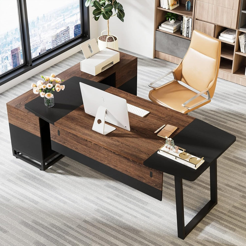 Tribesigns L Shaped Computer Desk with Cabinet, Large Executive Office Desk with Storage Shelves, 67" Modern Business Image 2