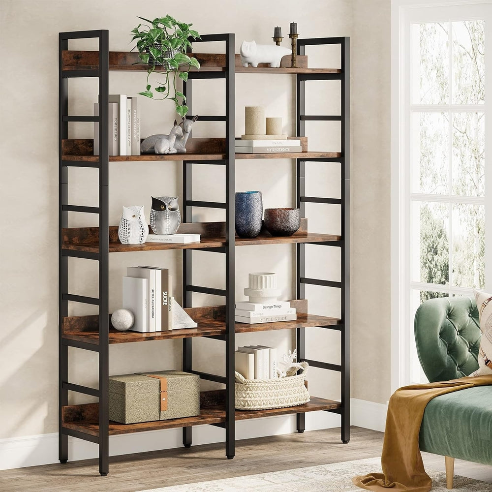 Tribesigns 5-Tier Industrial Bookshelf, 71"H x 47"W Etagere Bookcase, Freestanding Double Wide Book Shelf for Storage Image 2