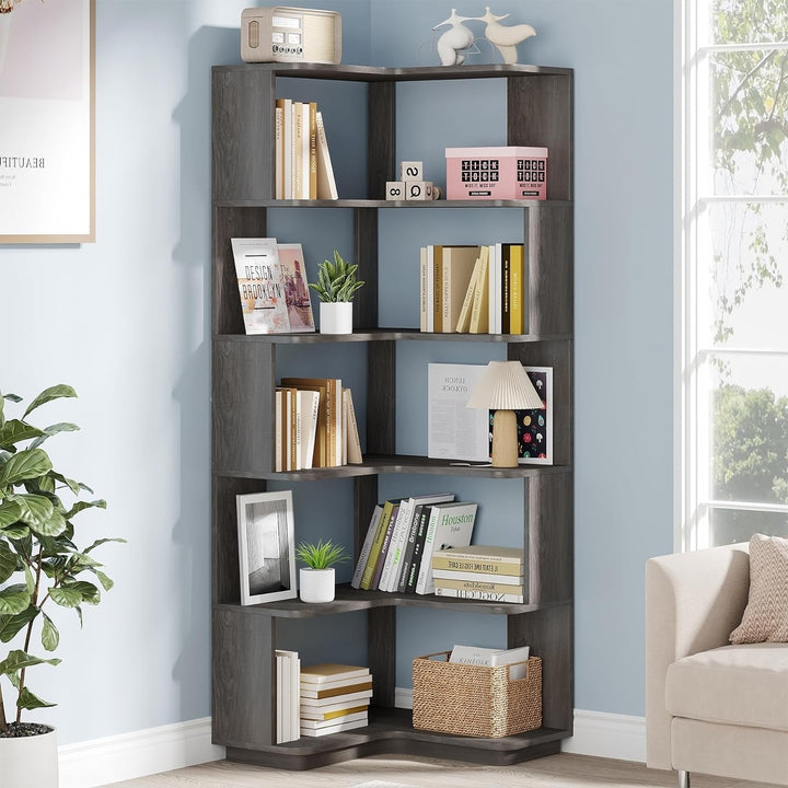 Tribesigns 6 Tier Corner Bookshelf, 64.96" Tall Industrial Corner Bookcase with Anti-Drop Panel Image 3