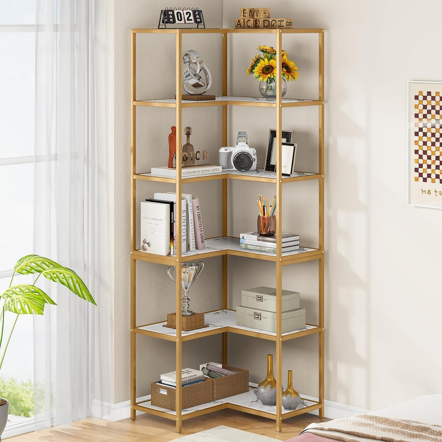 Tribesigns 6-Tier Corner Bookshelf, 0.9" Tall Modern L-Shaped Bookcase with Gold Metal Frame and White Faux Marble Top Image 1