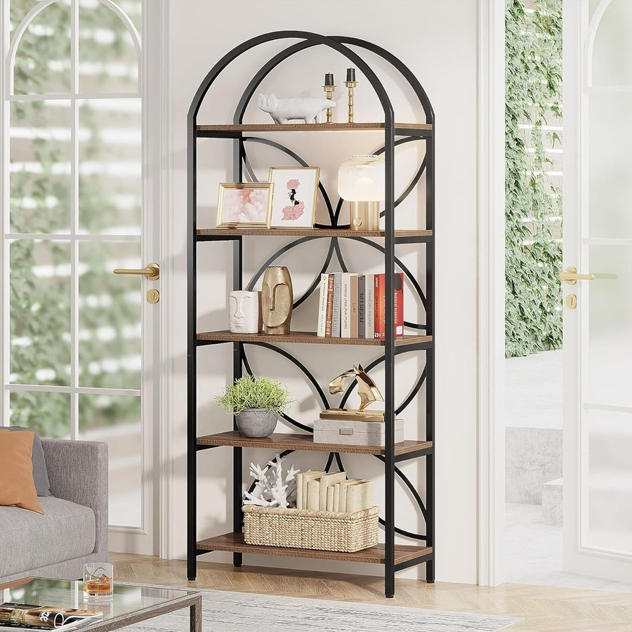 Tribesigns 74.8" 5-Tier Bookshelf, Tall Arched Bookcase Shelf Storage Organizer, Industrial Book Rack with Metal Frame Image 1