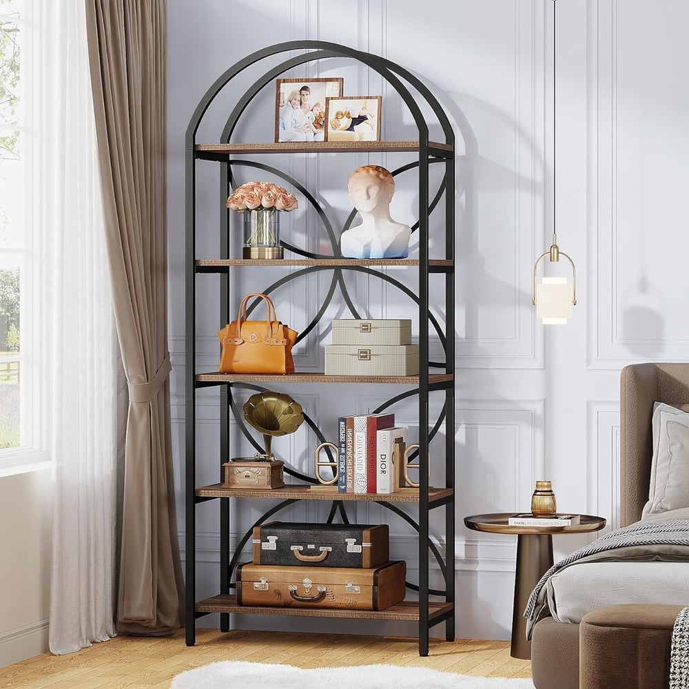 Tribesigns 74.8" 5-Tier Bookshelf, Tall Arched Bookcase Shelf Storage Organizer, Industrial Book Rack with Metal Frame Image 2