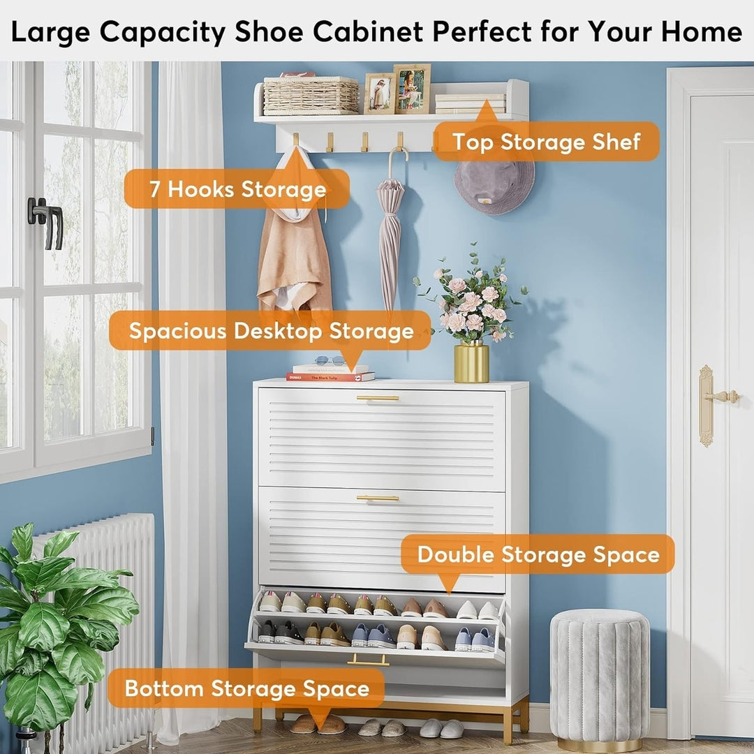 Tribesigns Shoe Cabinet, Shoe Storage Cabinet with Wall Mounted Coat Rack, Modern Shoes Organizer Cabinets with 3 Flip Image 3