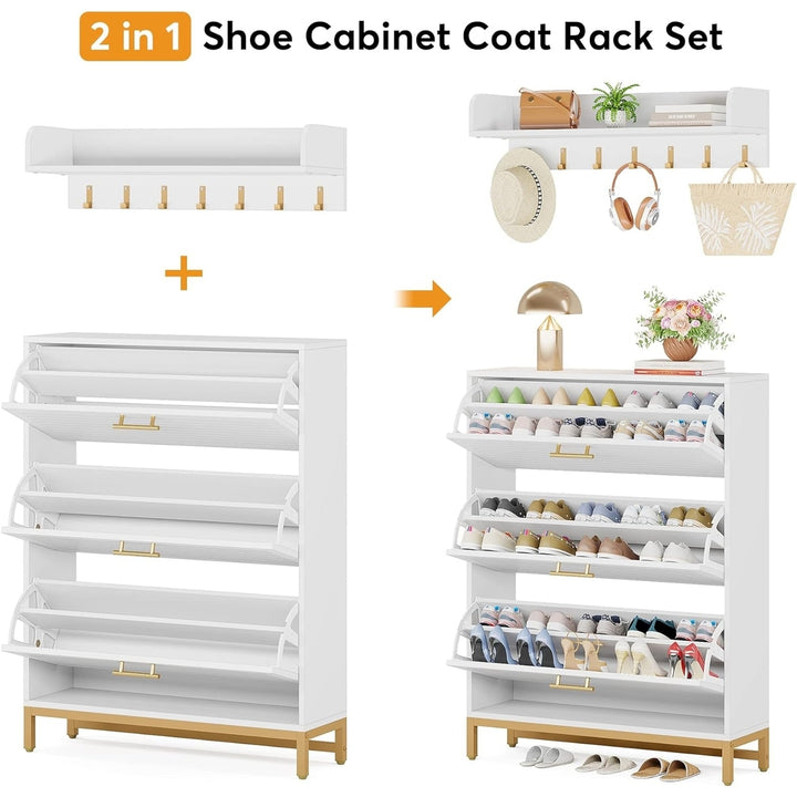 Tribesigns Shoe Cabinet, Shoe Storage Cabinet with Wall Mounted Coat Rack, Modern Shoes Organizer Cabinets with 3 Flip Image 5