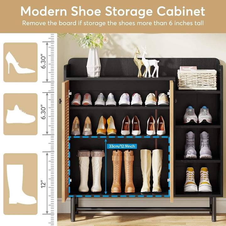 Tribesigns Rattan Shoe Cabinet, Shoe Storage Cabinet with 2 Rattan Door and 4-Tier Open Shelves, Wood Shoe Organizer Image 3