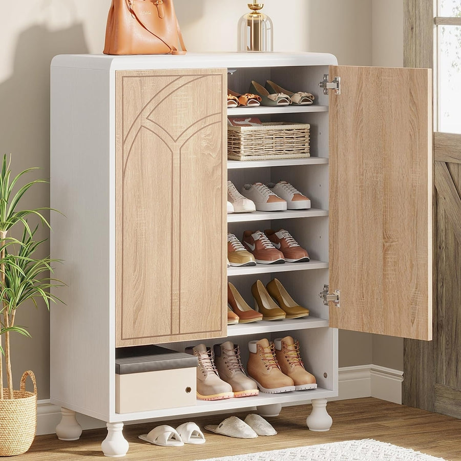 Tribesigns Shoe Storage Cabinet, 24 Shoes Organizer Cabinet with Door, White Freestanding Shoe Storage, 6 Tiers Modern Image 1
