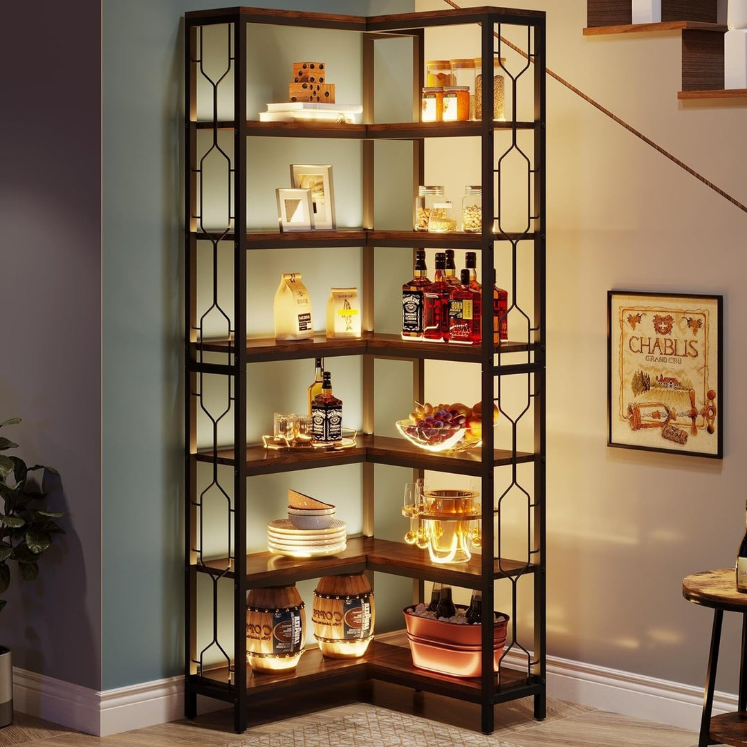 Tribesigns Corner Shelf, 7-Tier Industrial Corner Bookshelf, Wood and Metal Corner Etagere Bookcase, Freestanding Image 4