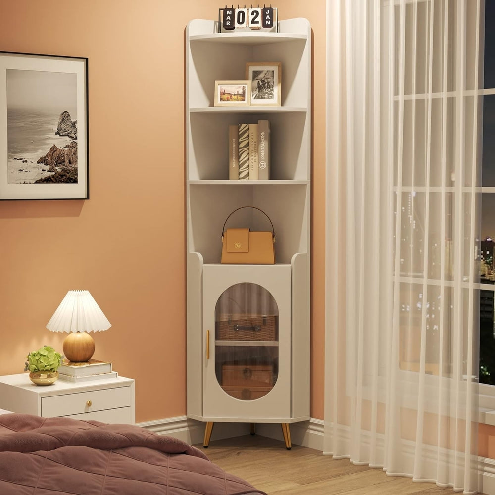 Tribesigns 73" Tall Corner Shelf with Door, 6 Tier Corner Storage Cabinet, Freestanding Corner Bookshelf Image 2