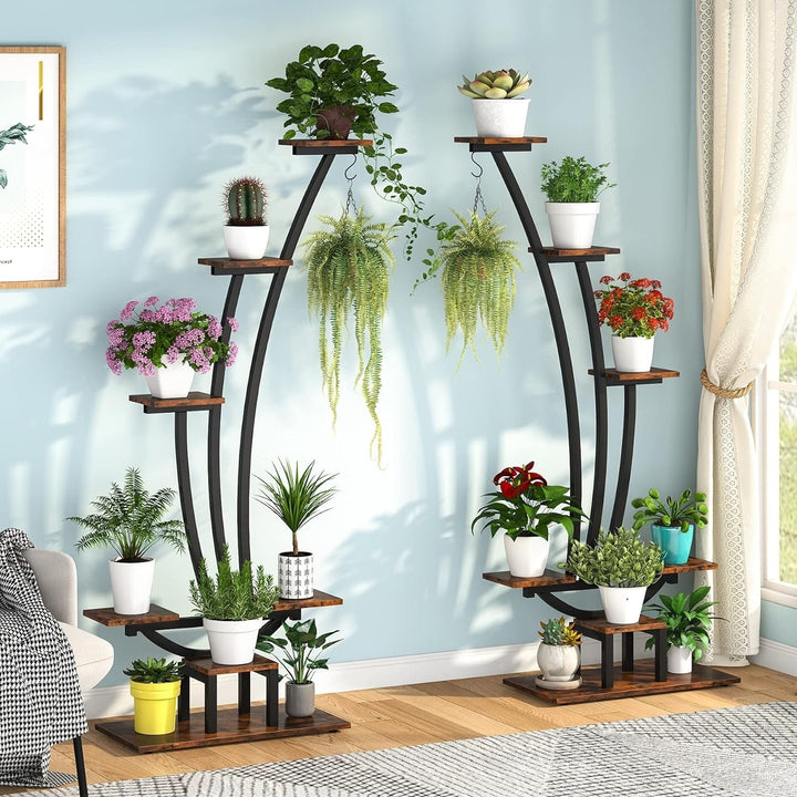 Tribesigns 6 Tier Metal Plant Stand Pack of 2, Multi-Purpose Curved Plant Display Shelf with 2 Hanging Hooks Image 1