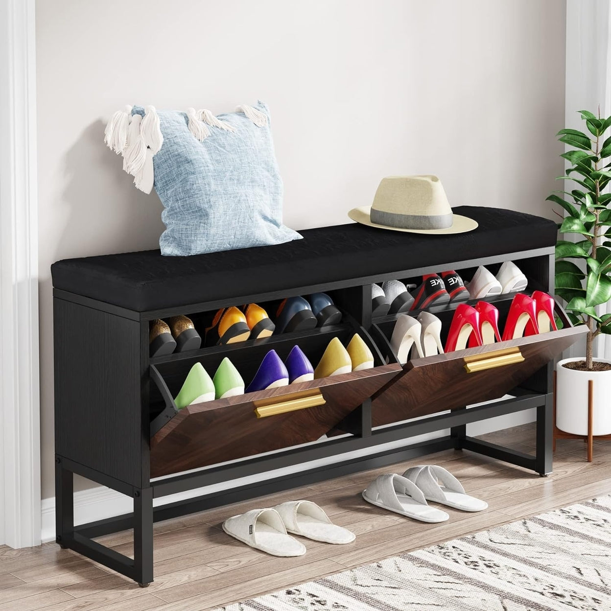 Tribesigns Shoe Storage Bench with Seat Cushion, Entryway Shoe Bench with 2 Flip Drawers, Hallway Bench with Shoe White & Grey
