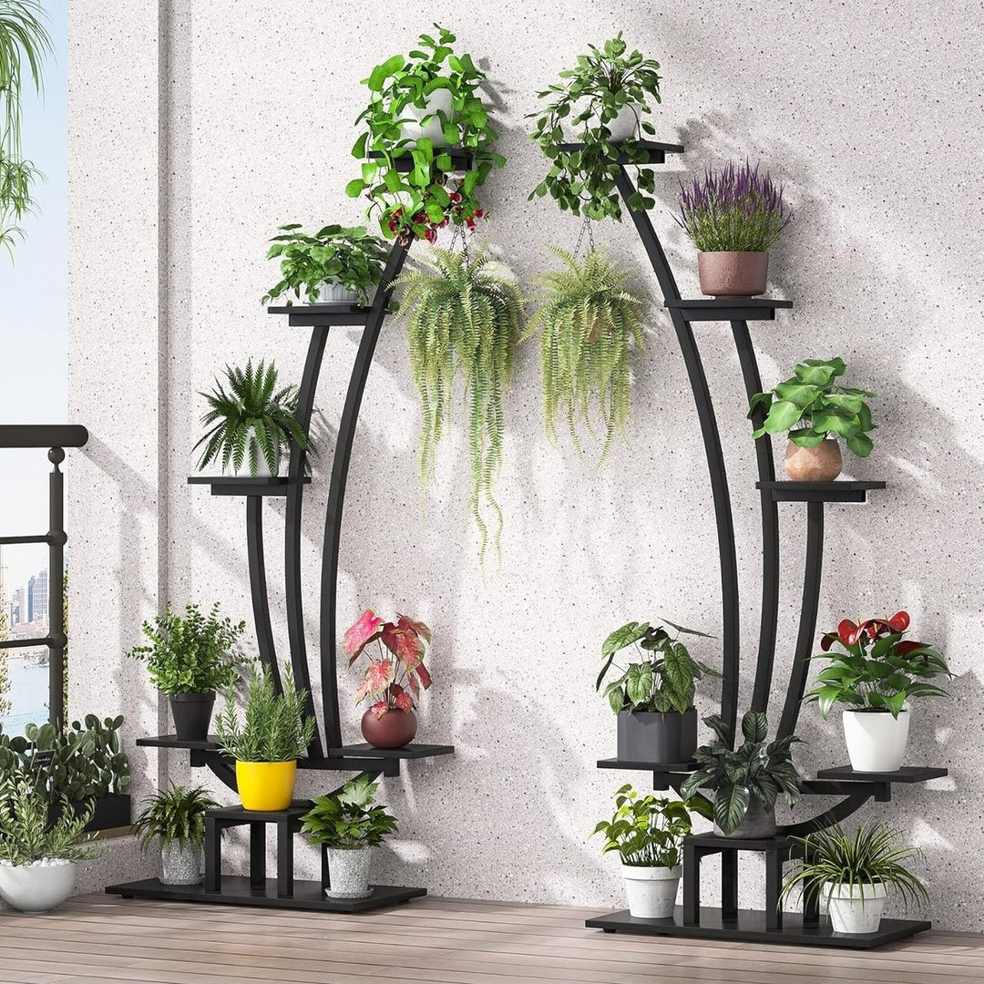Tribesigns 6 Tier Metal Plant Stand Pack of 2, Multi-Purpose Curved Plant Display Shelf with 2 Hanging Hooks Image 1
